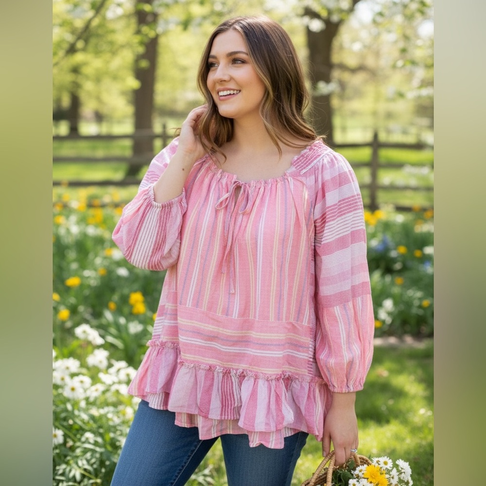 Easel Pink Striped Peasant Women's Top